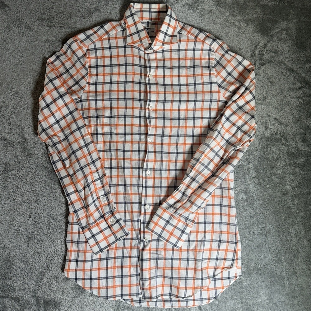 Finamore Napoli 1925 Dress Shirt Mens Orange White Plaid 15-3/4 40